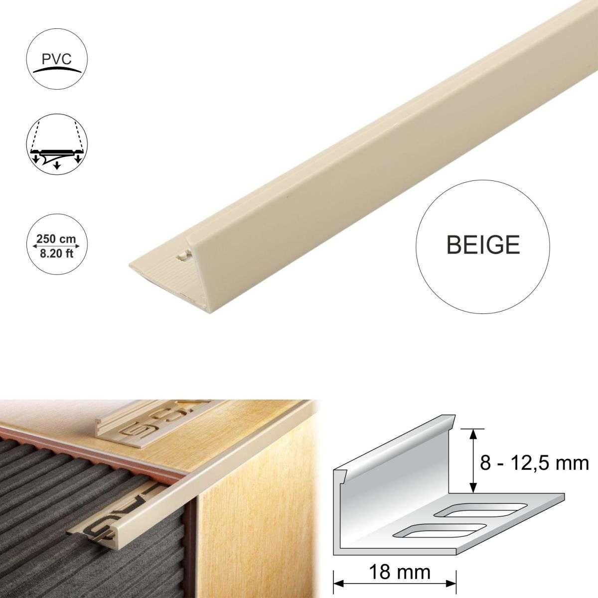 PVC Straight Edge L shaped Tile Trim 8,10,12.5mm Depth