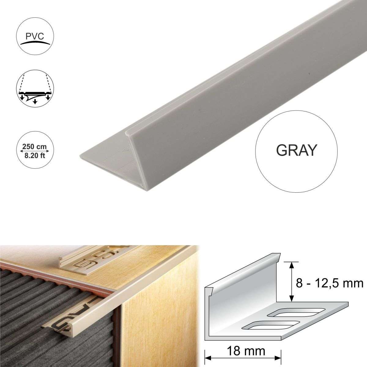 PVC Straight Edge L shaped Tile Trim 8,10,12.5mm Depth