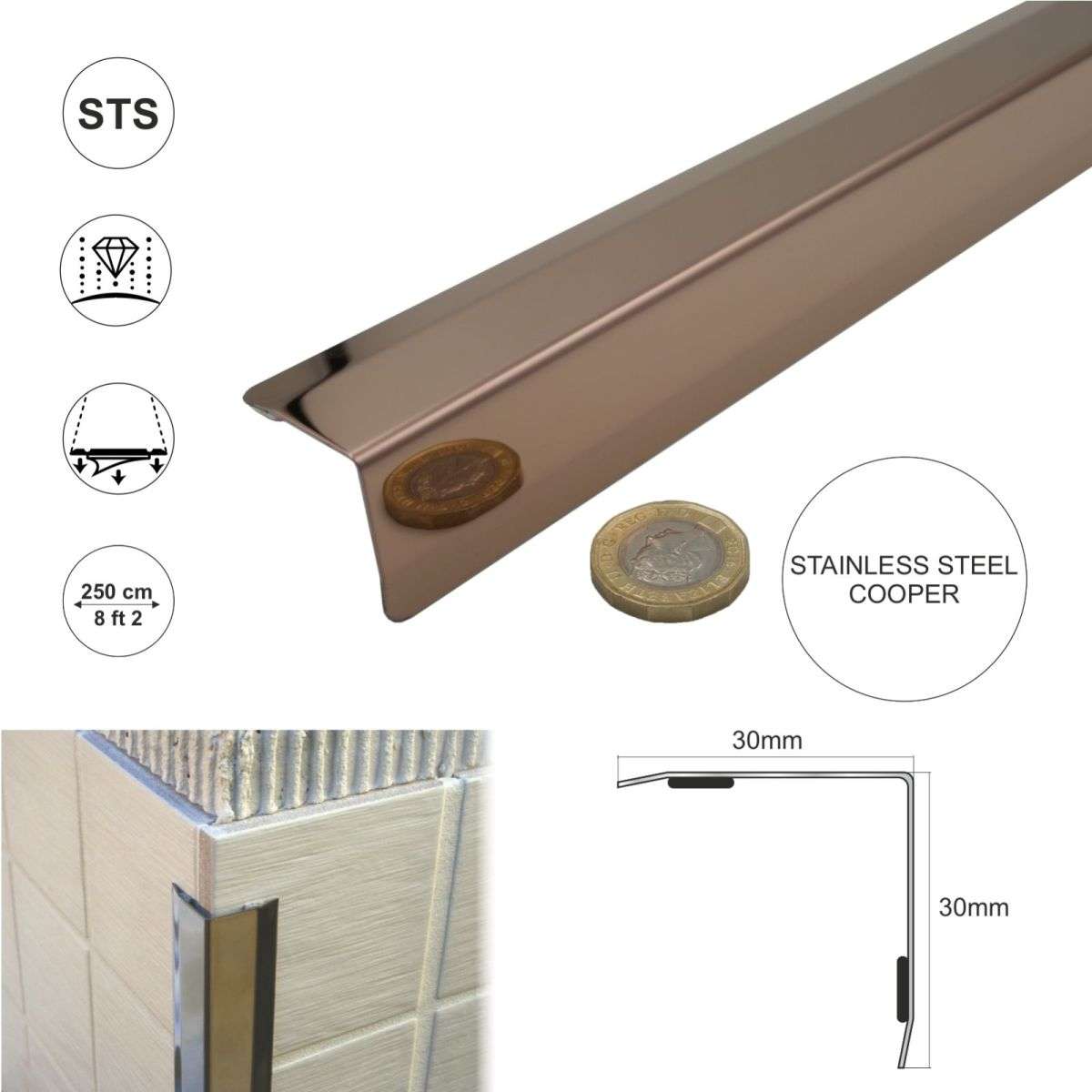 Stainless steel angle wall cladding corner trim protector bevelled edges 30x30mm