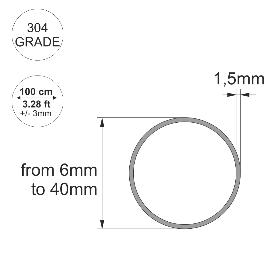 Stainless Steel Round Tube / Pipe VARIOUS SIZES 304 GRADE 1 METER LONG