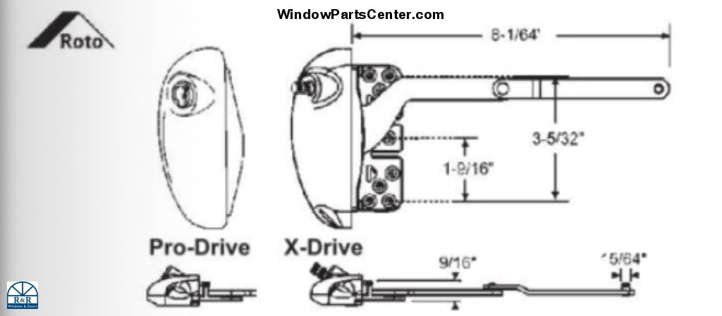 S1110 Roto X Drive 0P06 and Pro Drive 0P05 Split Arm Dyad Casement Operator With Flat Base and Inverted Arm Post