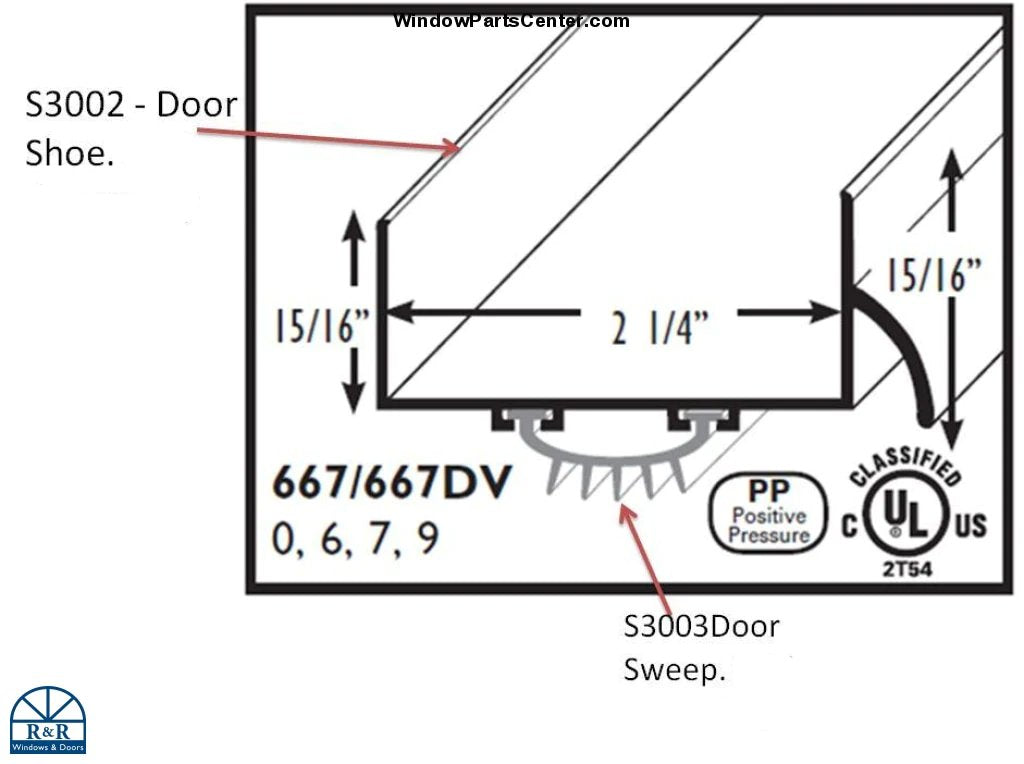 S3002 - Door Shoe with Sweep for Door Bottom - 2 1/4 inch width Drip Cap Door Bottom