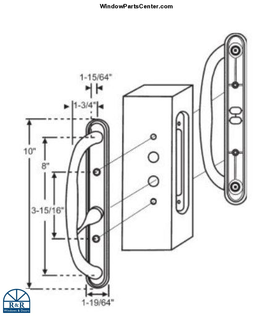 amesbury truth olympus sliding patio door handle set with offset latch - letters JW stamped on handle. Jeld-Wen sliding door handle set