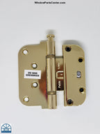S4010 door hinge in bright brass on a white background. White sticker on hinge says “use hand screw driver” this would be to adjust the hinge. HTL Ultimate 2-D Hinge - Hoppe Guide Hinge AdjustableKnown Part # 850-8762435,  Pat.Nr. 5.701.636. Color Bright Brass / Gold