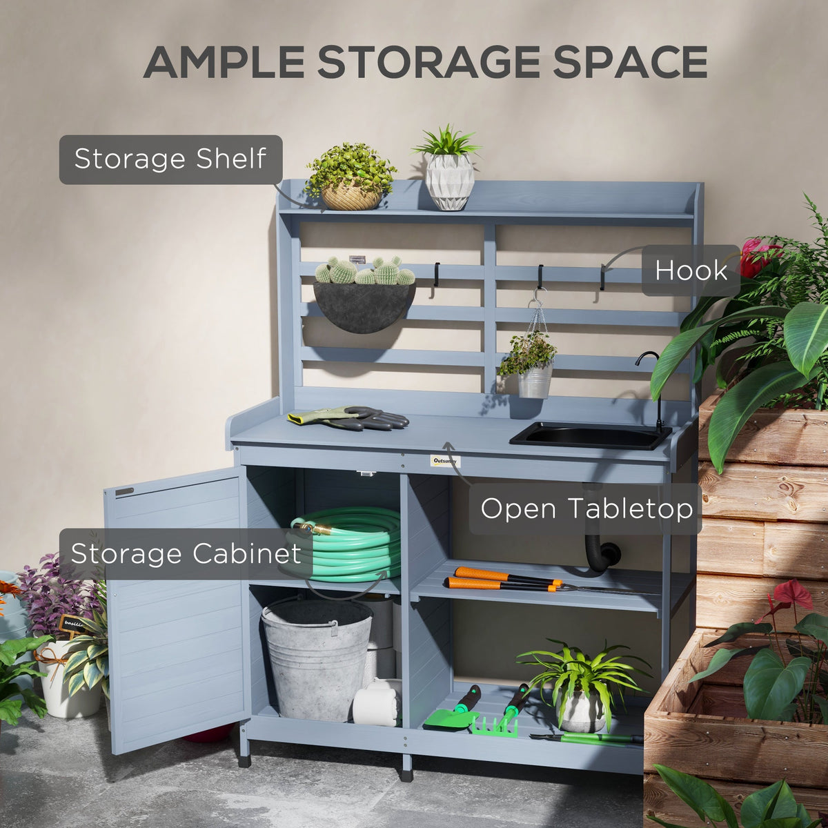 Outdoor Wooden Potting Bench w/Sink and Water Tap,Storage Cabinet & Drawer Shelves, Gray