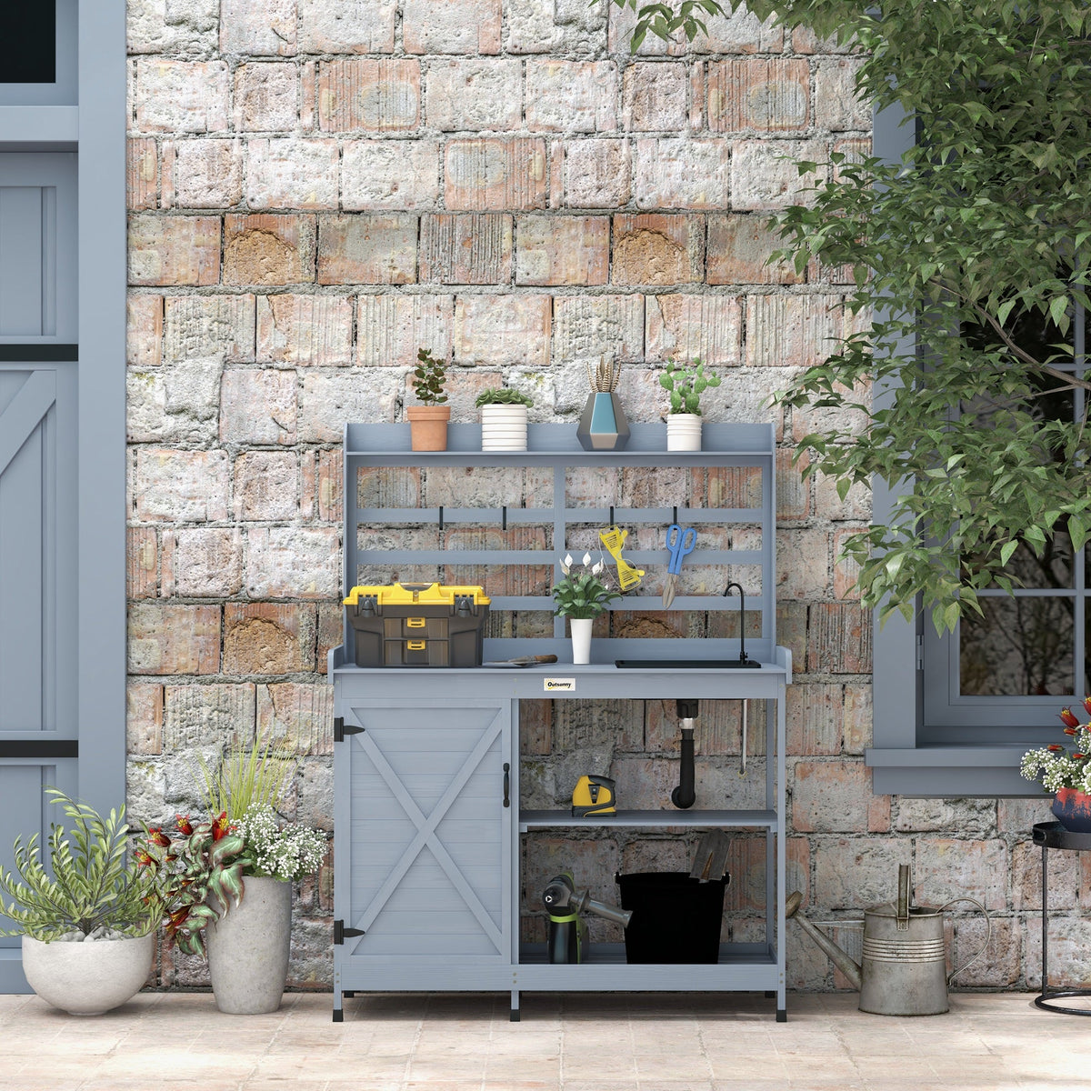 Outdoor Wooden Potting Bench w/Sink and Water Tap,Storage Cabinet & Drawer Shelves, Gray