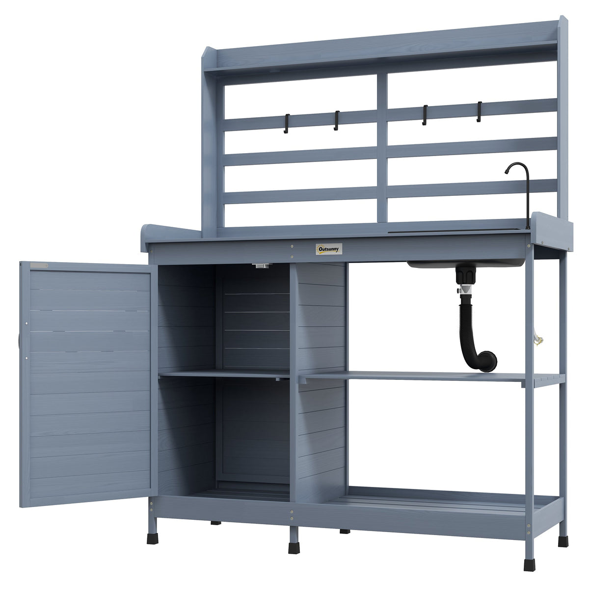 Outdoor Wooden Potting Bench w/Sink and Water Tap,Storage Cabinet & Drawer Shelves, Gray