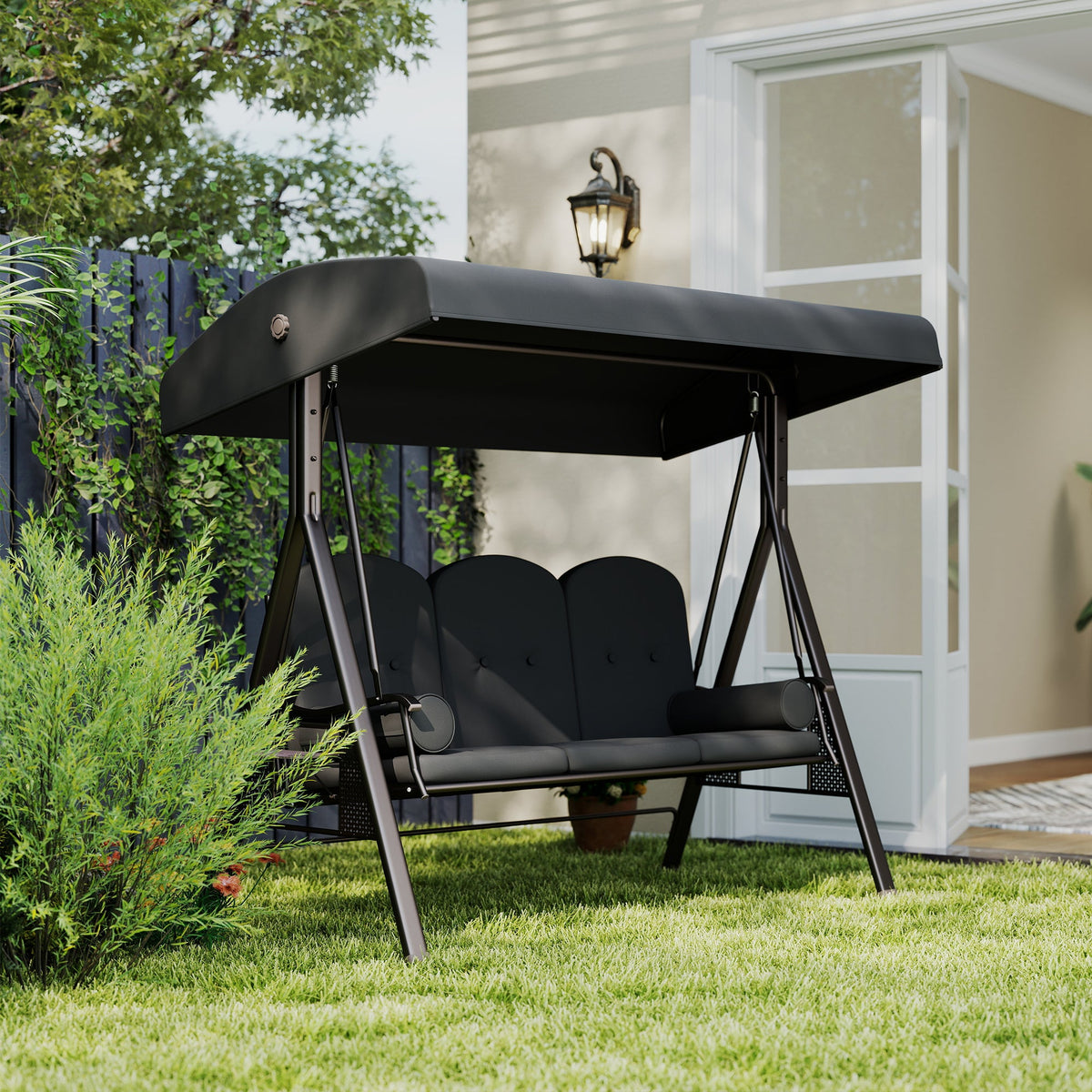 3 Seater Canopy Swing Chair with Cushions & Cup Trays, Dark Grey