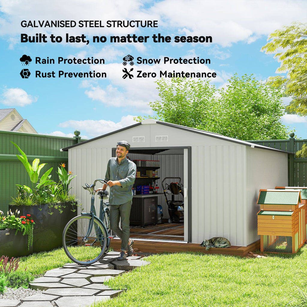 EverBase 11' x 13' Metal Garden Storage Shed with Foundation Kit & Double Doors, White
