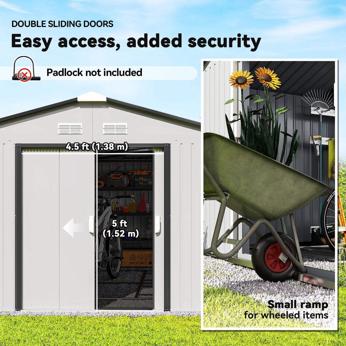 EverBase 11' x 13' Metal Garden Storage Shed with Foundation Kit & Double Doors, White
