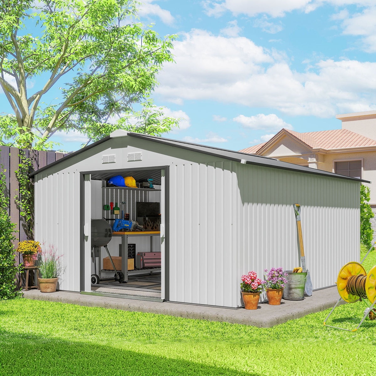 EverBase 11' x 13' Metal Garden Storage Shed with Foundation Kit & Double Doors, White