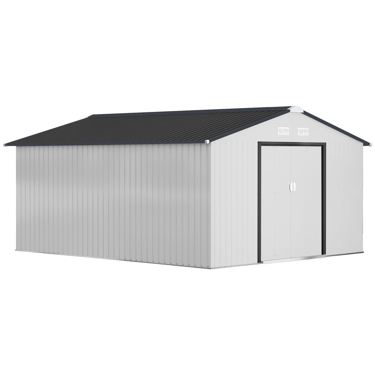 EverBase 11' x 13' Metal Garden Storage Shed with Foundation Kit & Double Doors, White