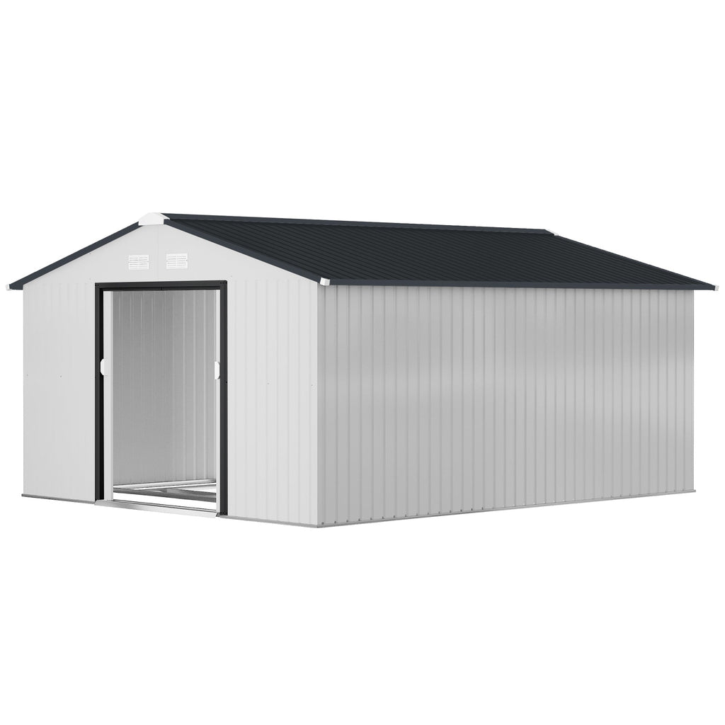 EverBase 11' x 13' Metal Garden Storage Shed with Foundation Kit & Double Doors, White