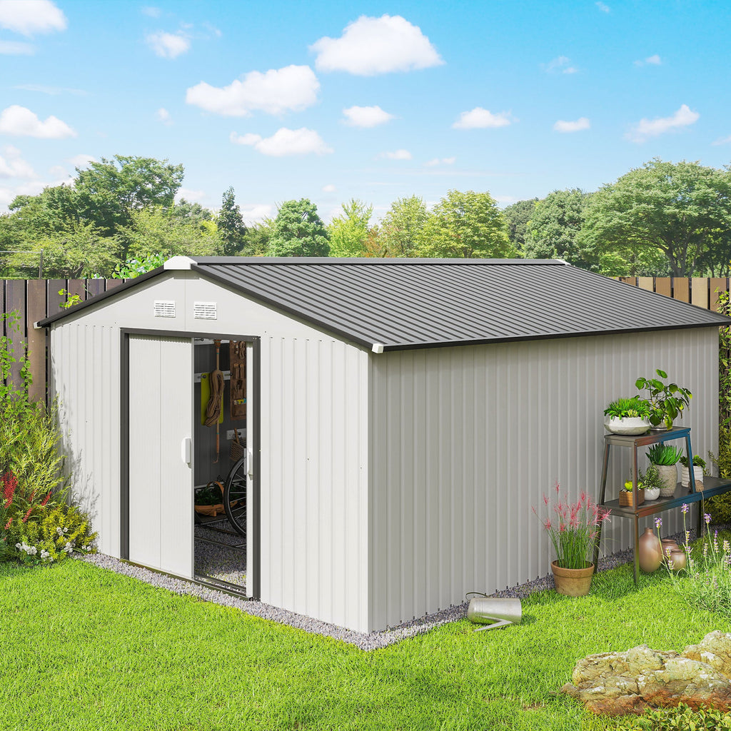 EverBase 11' x 13' Metal Garden Storage Shed with Foundation Kit & Double Doors, White