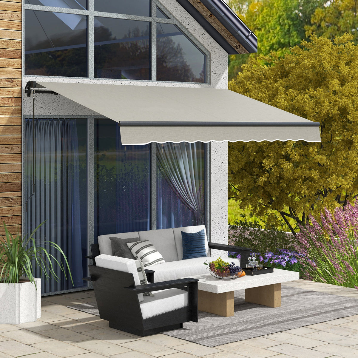 10' x 8' Retractable Awning with Manual Crank, 280gsm UV Resistant Fabric and Aluminum Frame, Light Grey
