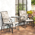 Double Patio Glider Chair with Glass Top Center Table, All Weather Breathable Mesh Fabric, Light Brown