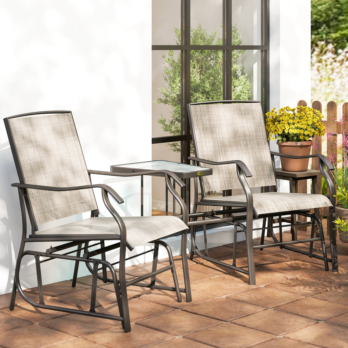 Double Patio Glider Chair with Glass Top Center Table, All Weather Breathable Mesh Fabric, Light Brown