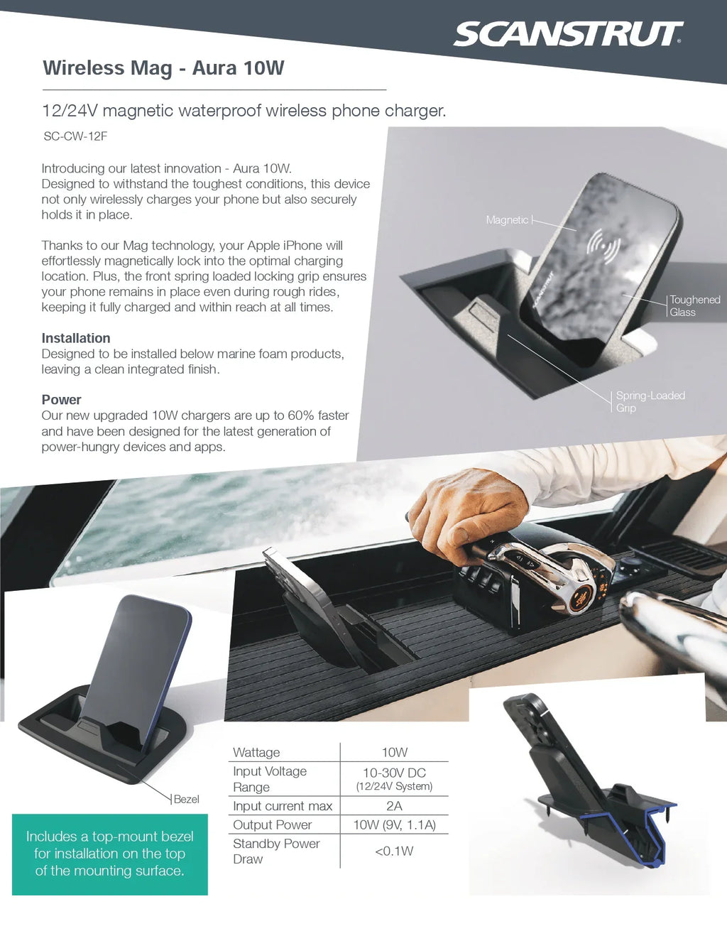 Scanstrut 12/24V 10W Bench-Mount Aura Waterproof Wireless Charger