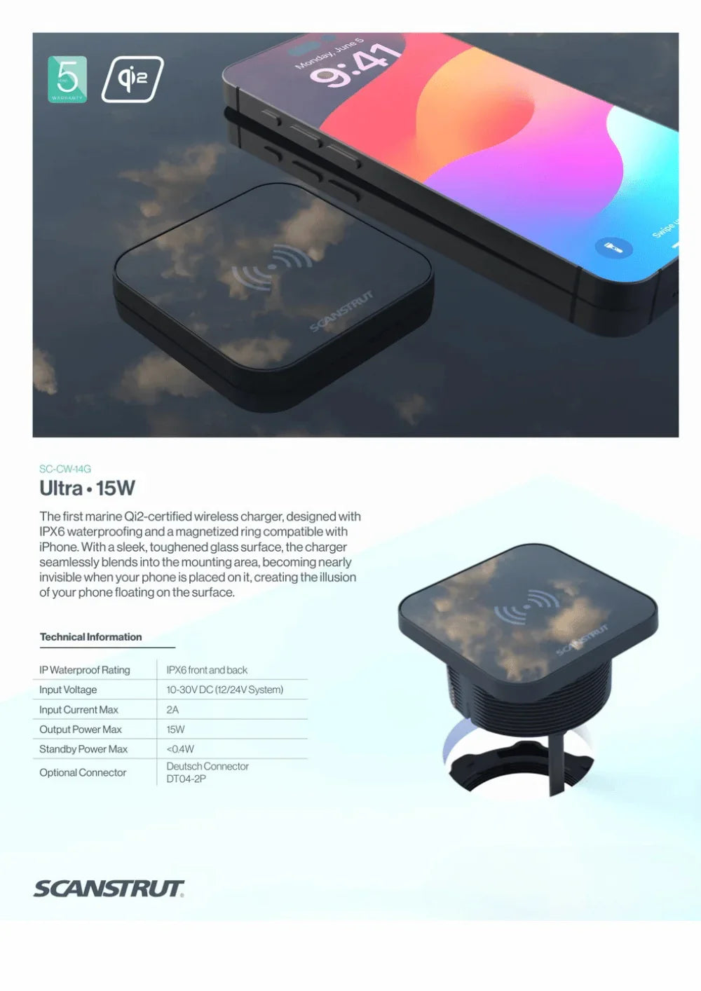 Scanstrut 12/24V 15W Magnetic Ultra Qi2 Waterproof Wireless Charger
