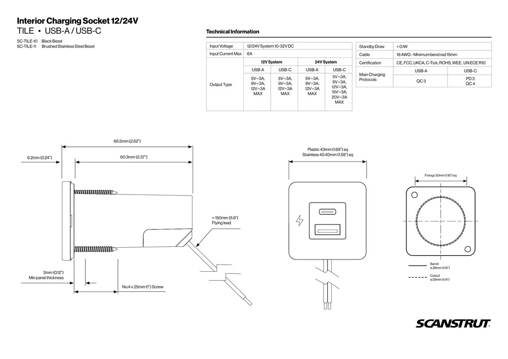 Scanstrut 12/24V TILE Brushed Stainless USB-A & USB-C Socket