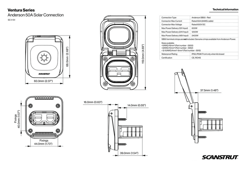 Scanstrut Ventura Red 50A Anderson Solar Input Socket