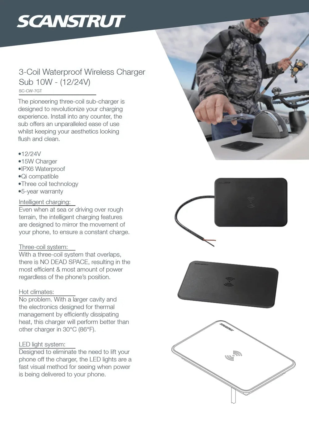 Scanstrut 12/24V 15W Flush-Mount Sub 3-Coil Waterproof Wireless Charger