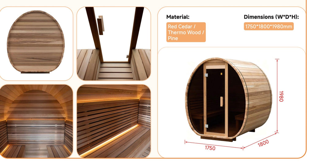 Compact Barrel Sauna with LED Lighting — Red Cedar / Thermo Wood / Pine | 2-3 Person
