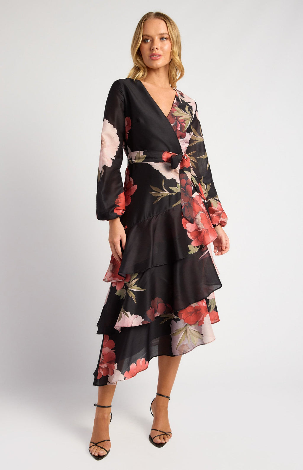 Exclusive Floral Print Asymmetric Tiered Hem Midi Dress Black