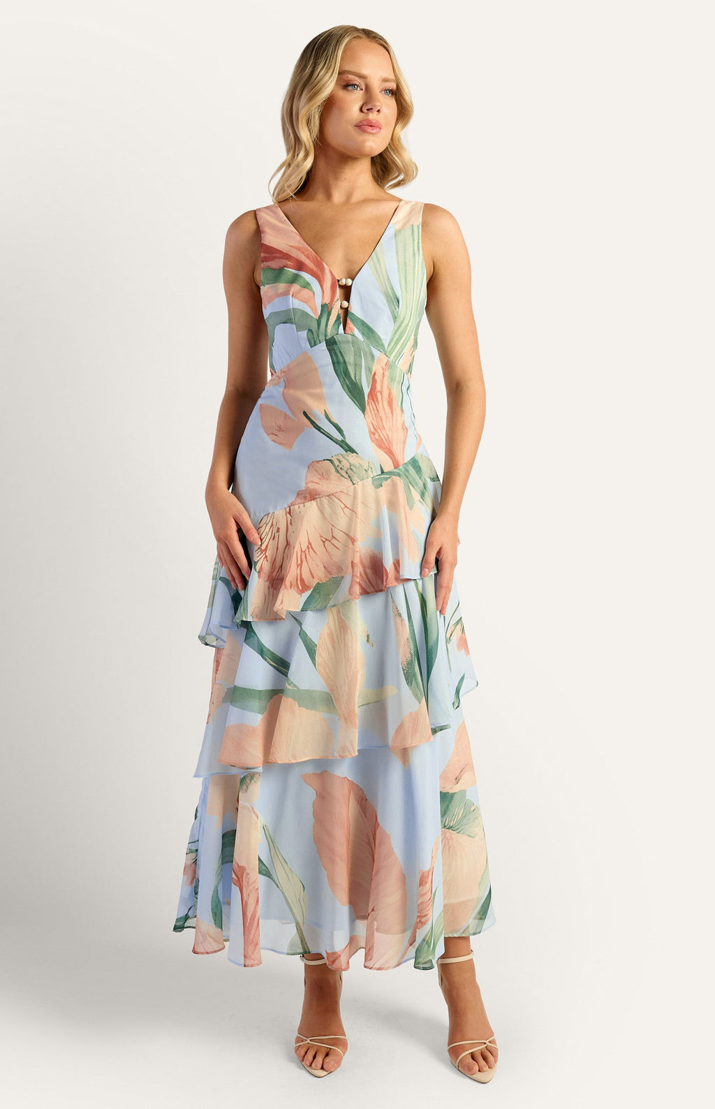 Oasis Floral Marble Beaded Keyhole Neckline Tiered Hem Maxi Dress Blue