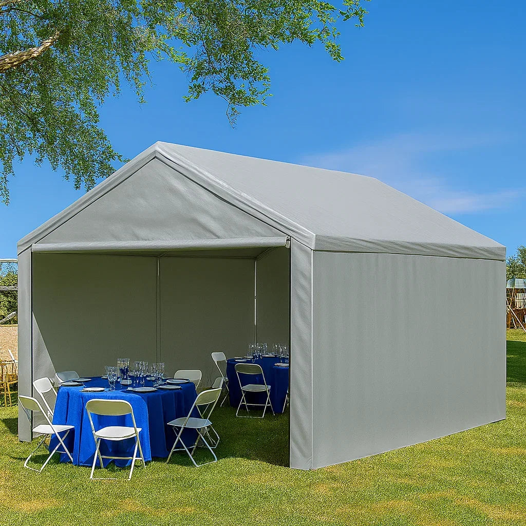 Silver 10' x 16' enclosed tarp canopy installed on a frame mounted shelter