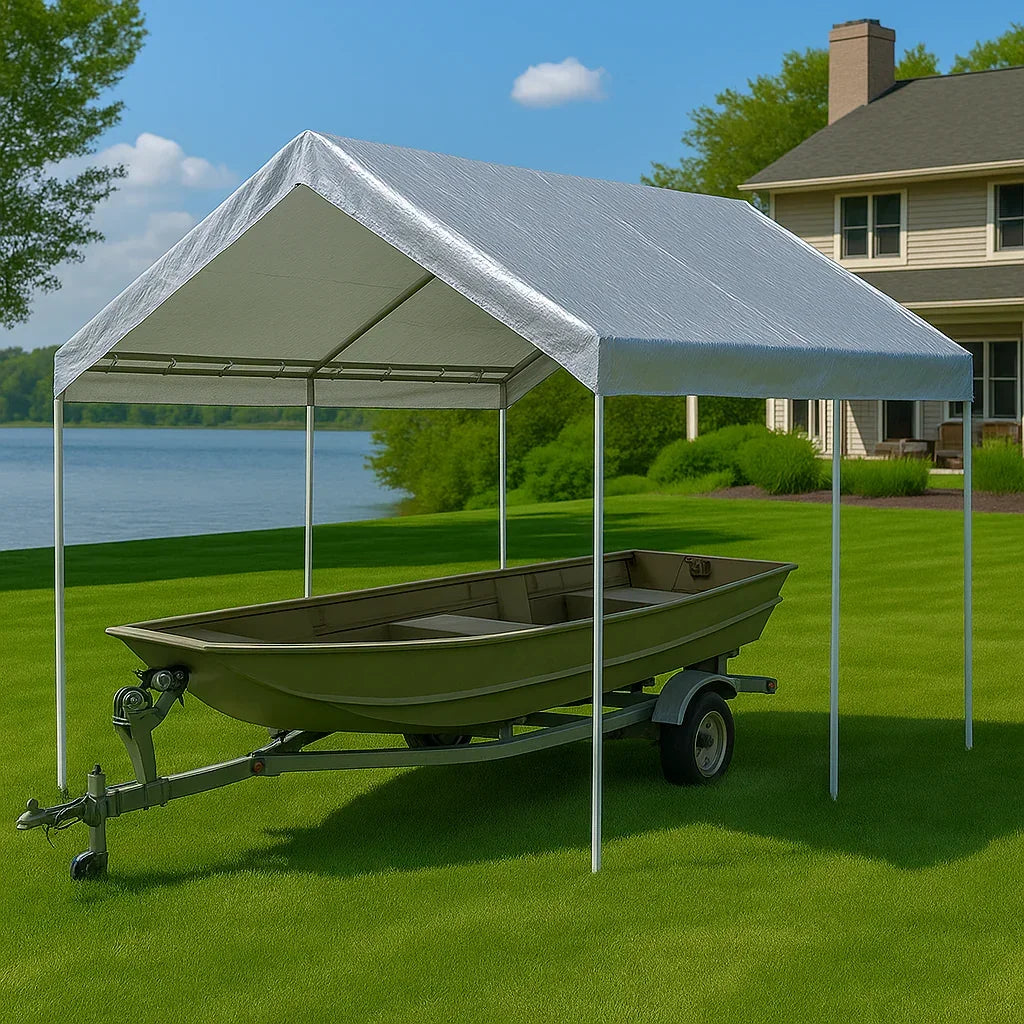 Silver 10' x 16' valance tarp creating shade for outdoor equipment storage