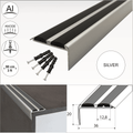 15 Pack Silver A37 0.9m x 36mm x 20mm Screw Fit Anodised Aluminium Non Slip Stair Nosing With Black Rubber - Cayrus World of Finishing