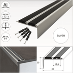 15 Pack Silver A37 0.9m x 36mm x 20mm Screw Fit Anodised Aluminium Non Slip Stair Nosing With Black Rubber - Cayrus World of Finishing