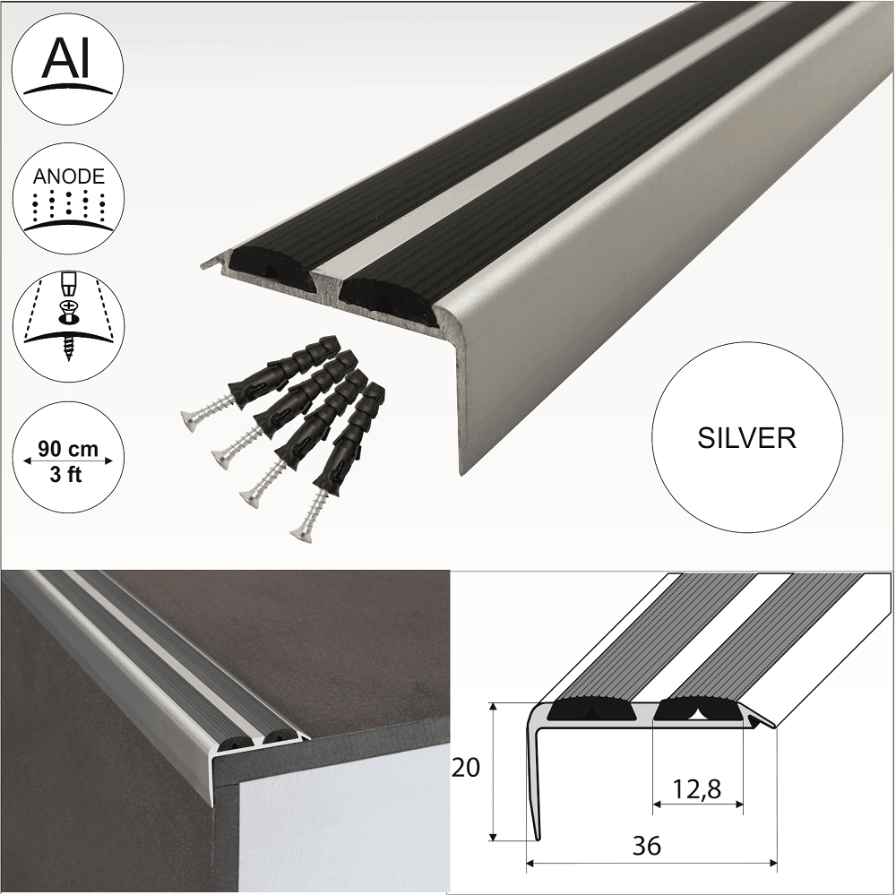 15 Pack Silver A37 0.9m x 36mm x 20mm Screw Fit Anodised Aluminium Non Slip Stair Nosing With Black Rubber - Cayrus World of Finishing