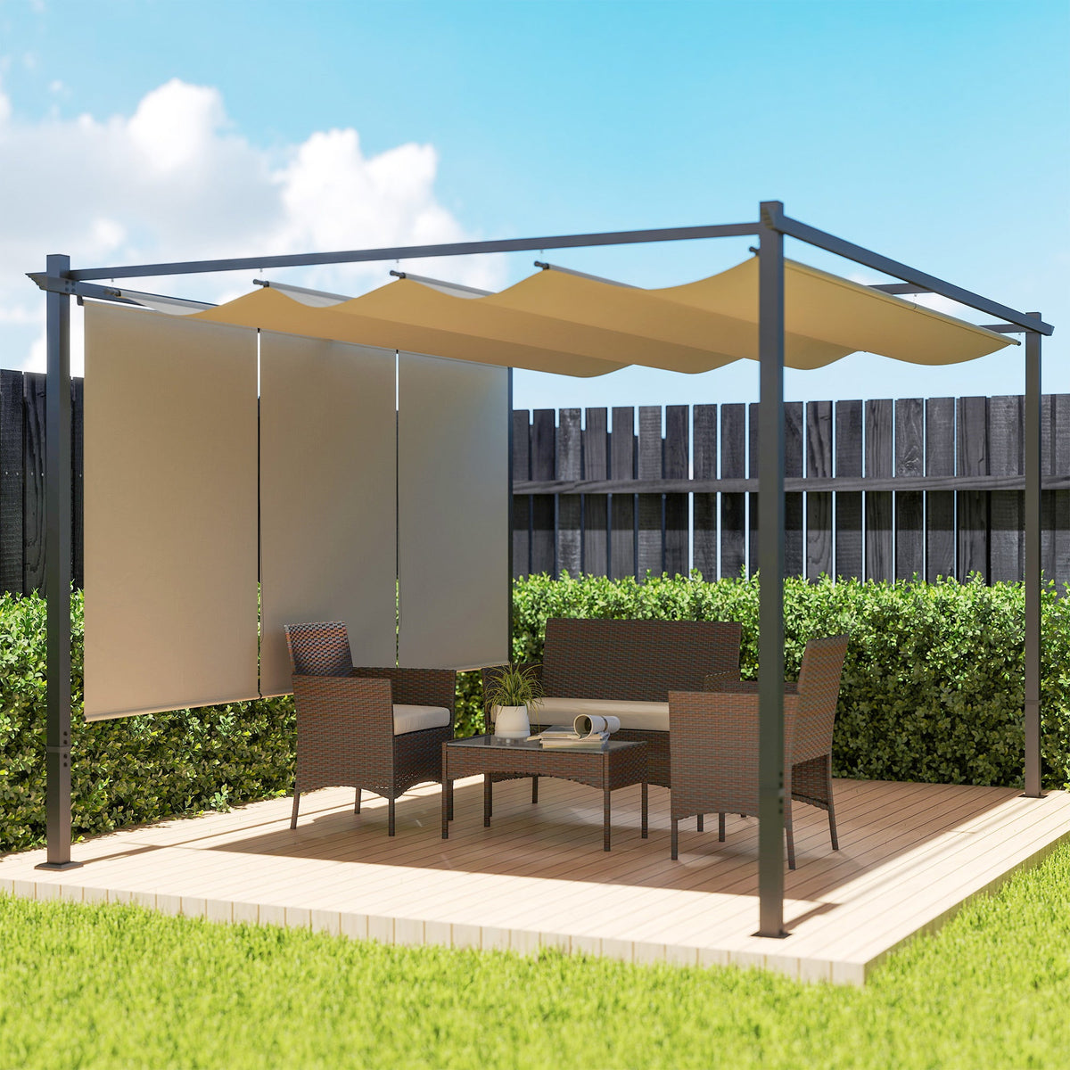 3 x 4m Metal Pergola with Retractable Roof & Roller Shade, Beige