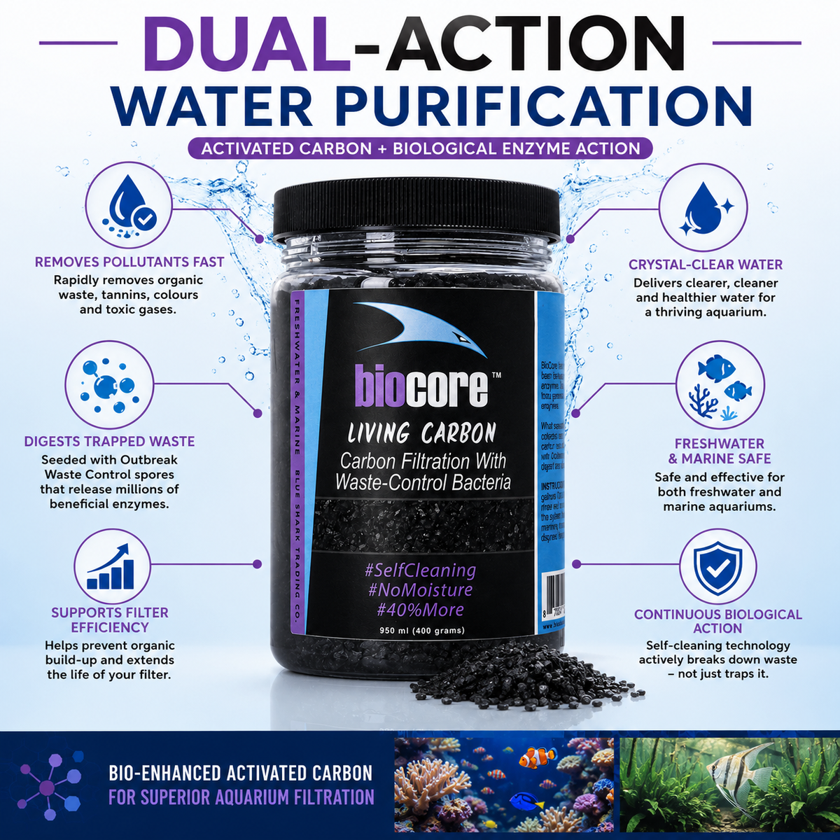 BioCore Living Carbon 400g for Freshwater & Marine Aquariums