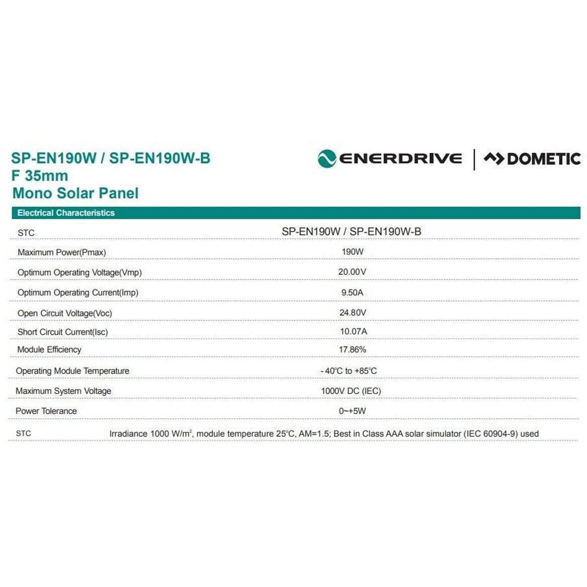 Enerdrive 190W Black Frame Monocrystalline Fixed Solar Panel