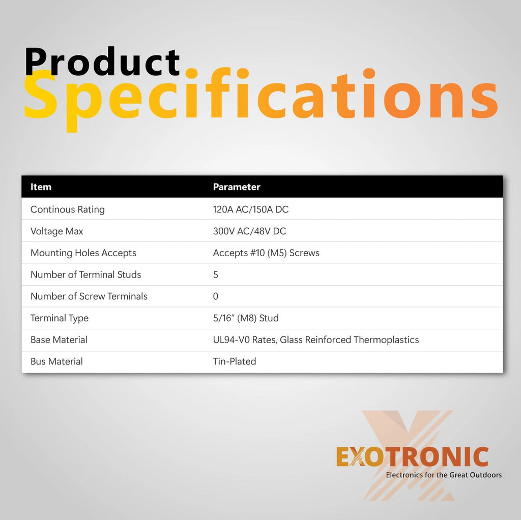 Exotronic 150A Black 5x M8 Stud Busbar with Cover