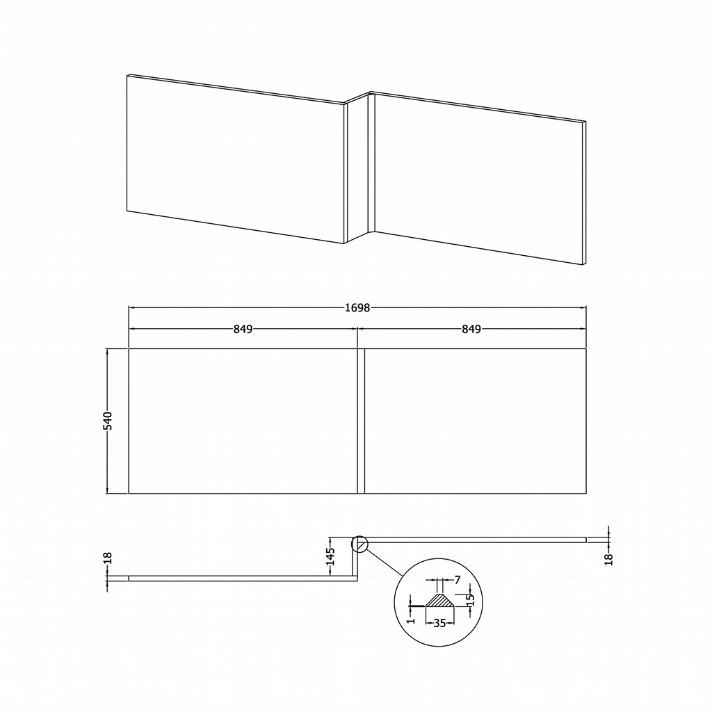 Crosswater L-Shaped Square Shower Bath Front Panel - 1700mm