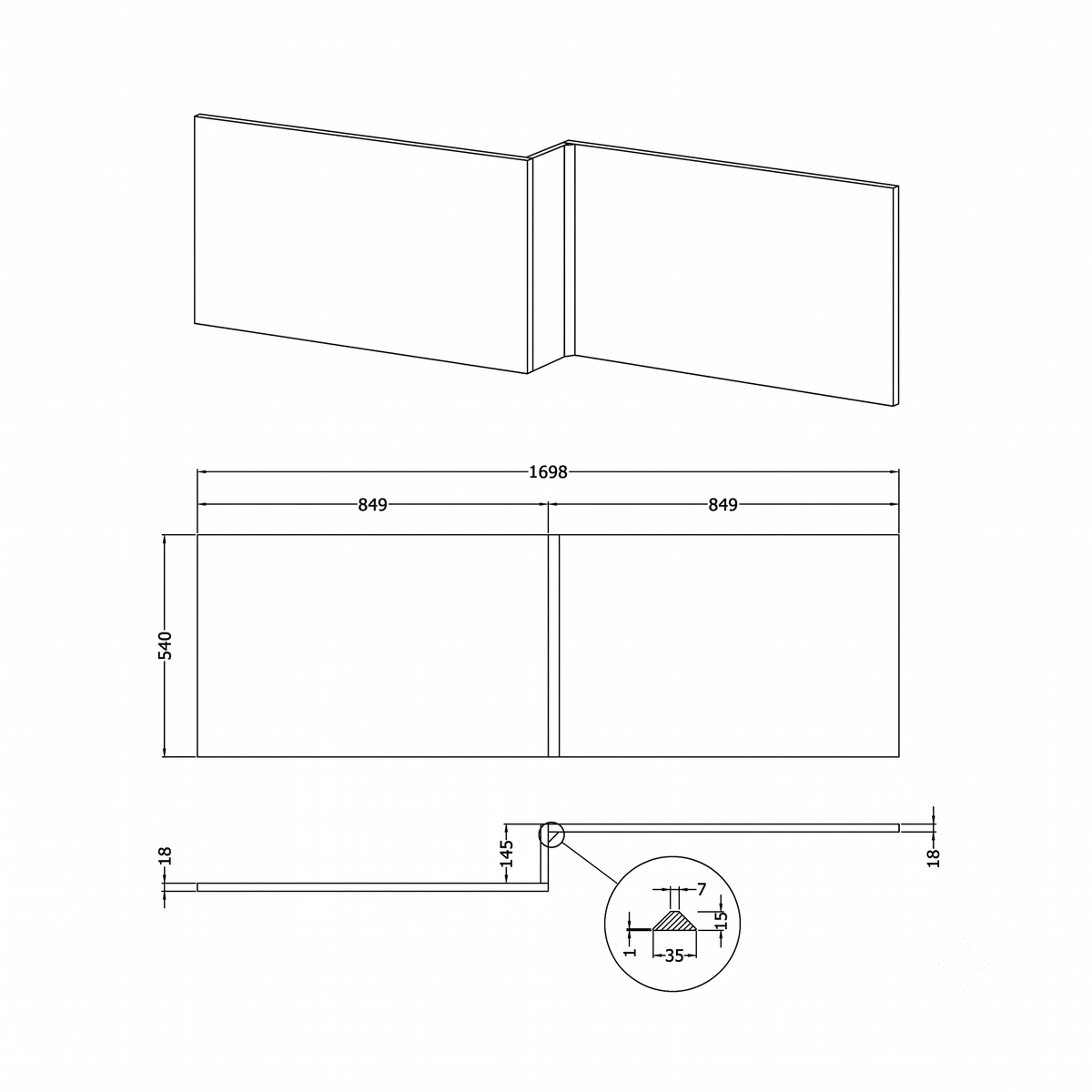 Crosswater L-Shaped Square Shower Bath Front Panel - 1700mm