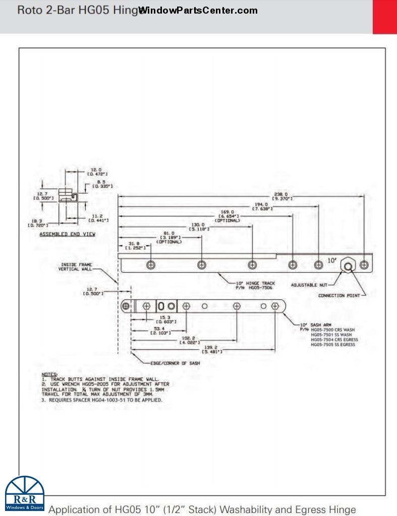 SS10003 - Roto North America HG05 10" Adjustable Hinge Kit For Casement Windows