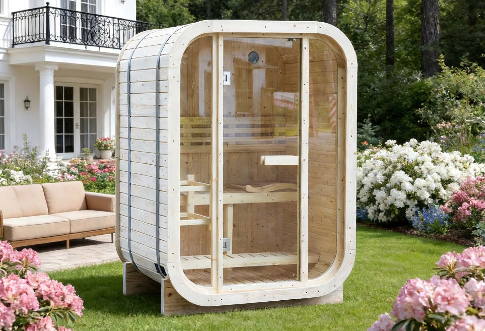 Outdoor Cube Sauna with Full Glass Panel — Thermo Pine Wood | 1-2 Person