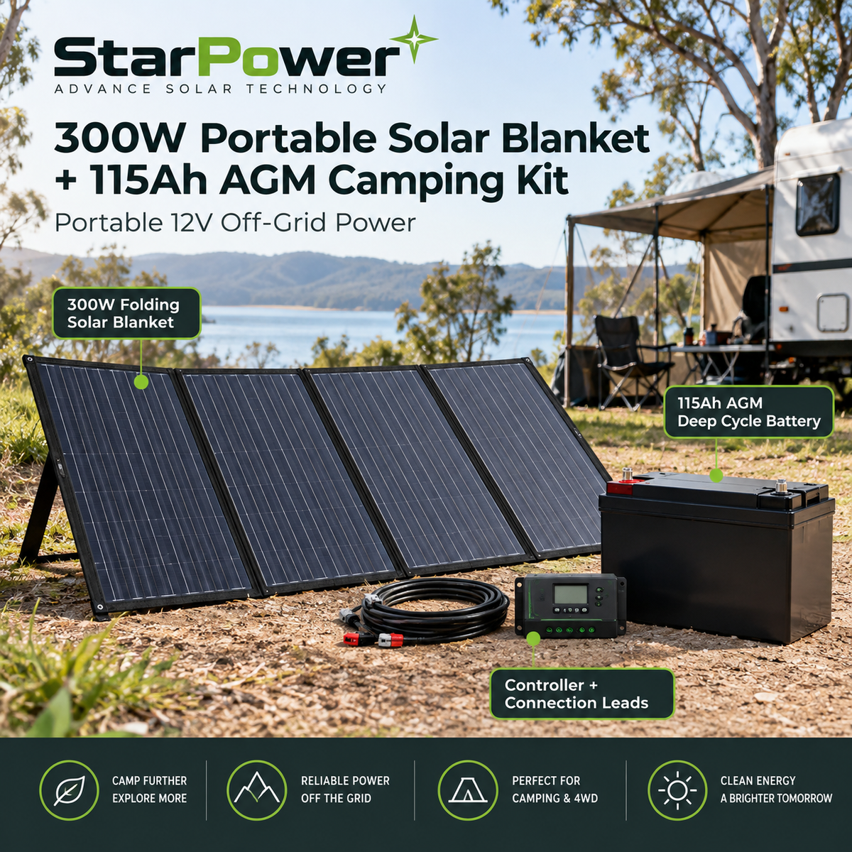 300W Portable Solar Blanket Kit + 115Ah AGM Battery & Controller