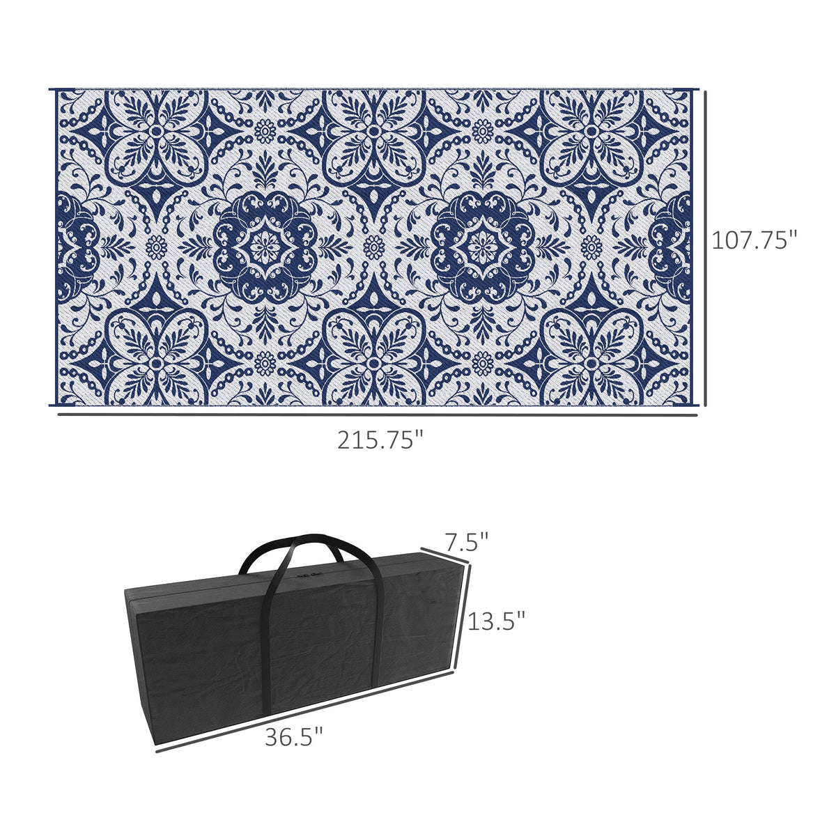 9' x 18' Reversible Outdoor Rug, Blue & White Floral