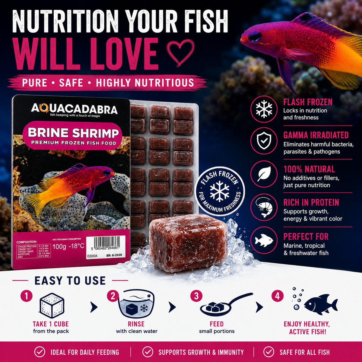 Aquacadabra Frozen Brine Shrimp 100g Fish Food Tropical Marine 5-40 Packs
