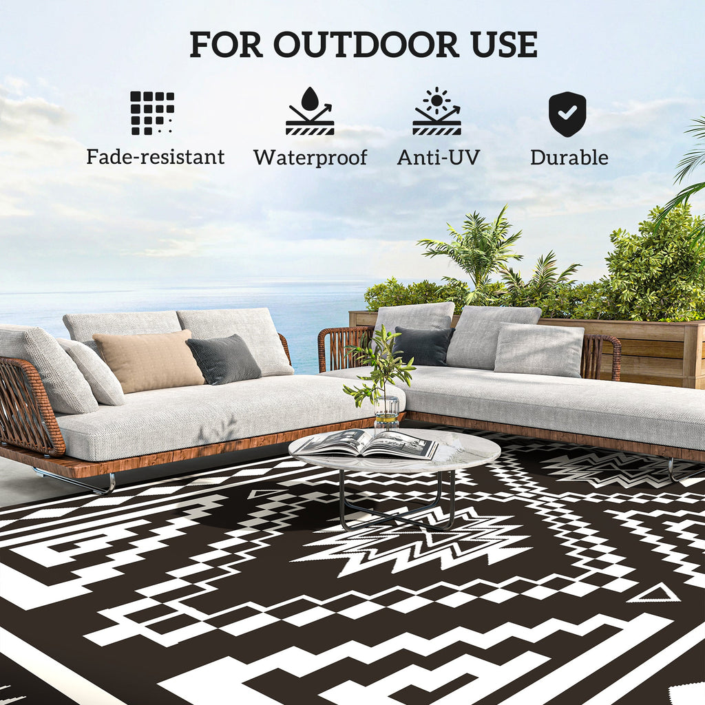 9' x 18' Reversible Waterproof Outdoor Rug with Carry Bag, Black & White Square Patchwork