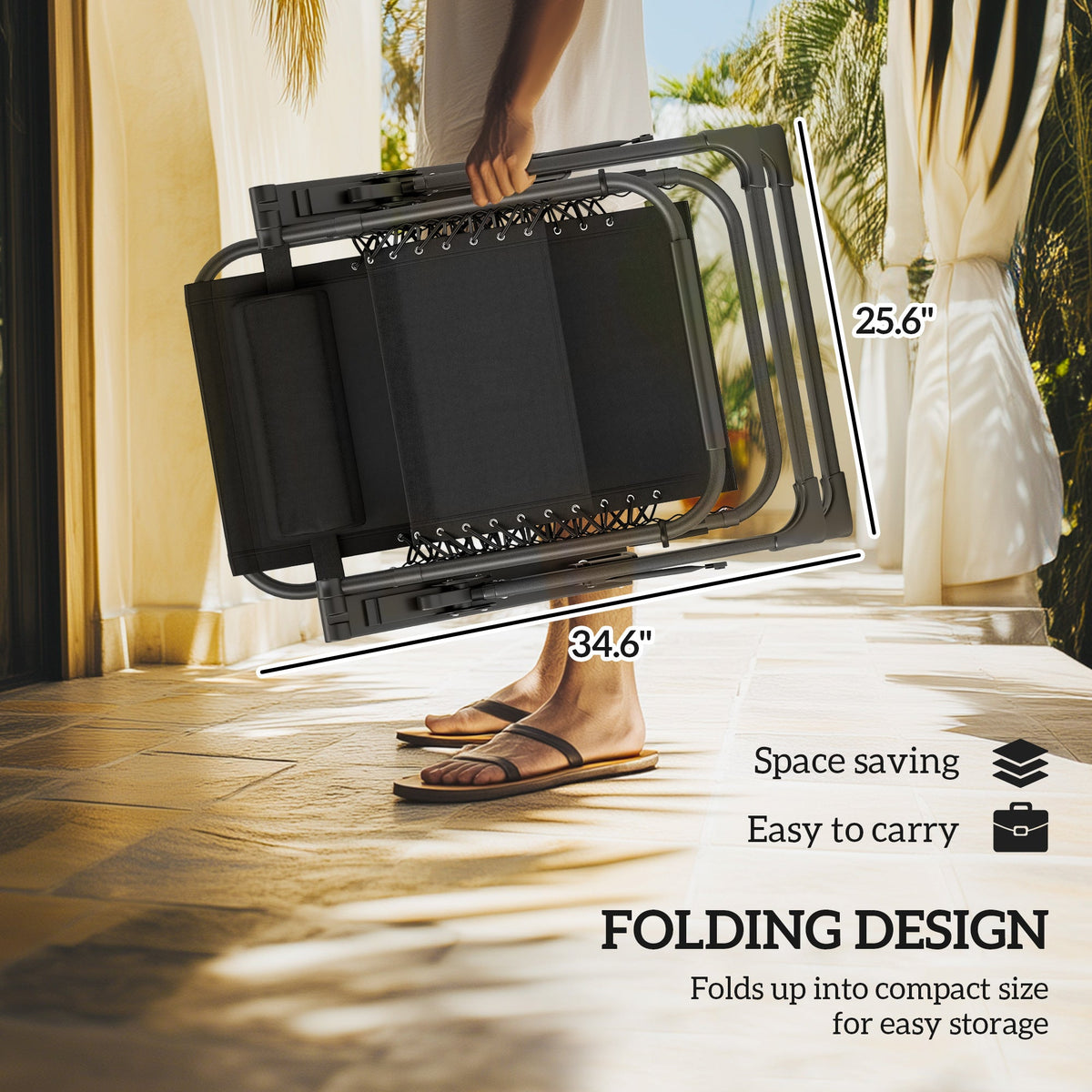 2-Piece Reclining Folding Lounge Chair with Cushion, Headrest & Side Tray, Black