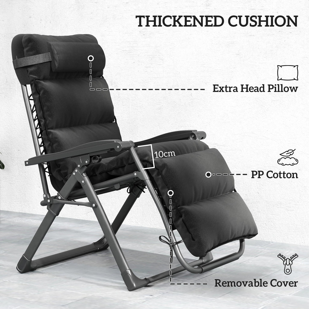 2-Piece Reclining Folding Lounge Chair with Cushion, Headrest & Side Tray, Black