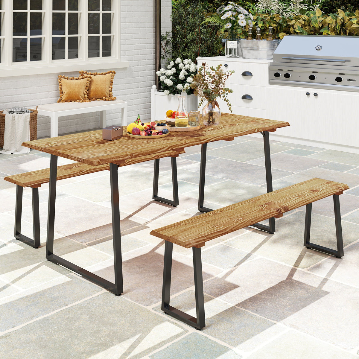 Picnic Table and Bench Set for 6 with 2" Umbrella Hole, Slatted Top & Steel Frame, Lawn