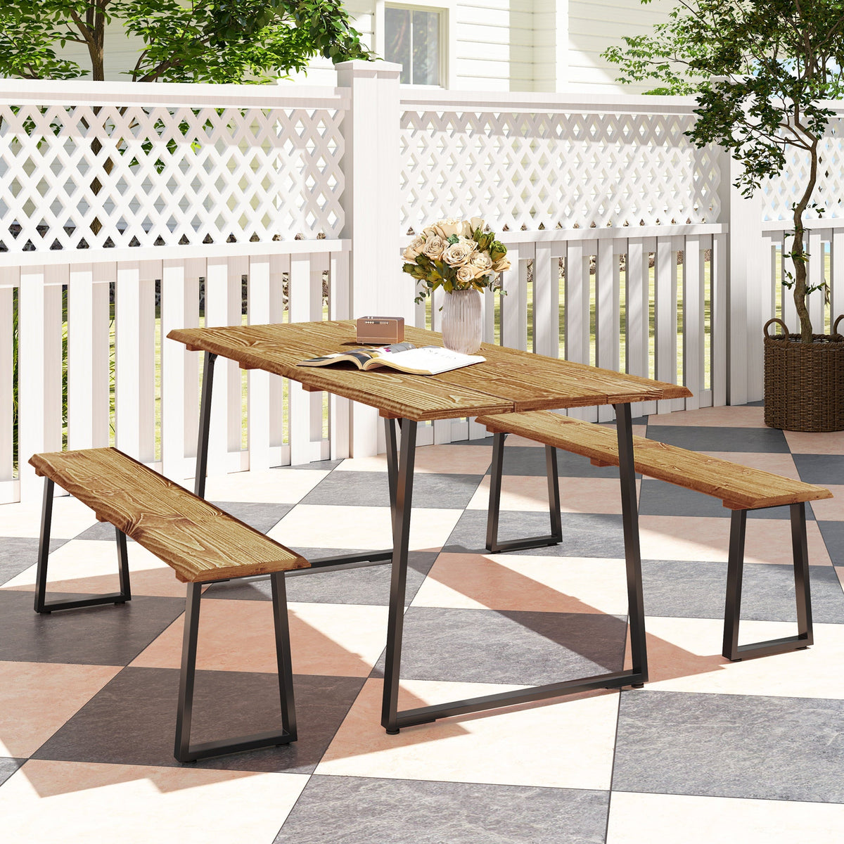 Picnic Table and Bench Set for 6 with 2" Umbrella Hole, Slatted Top & Steel Frame, Lawn